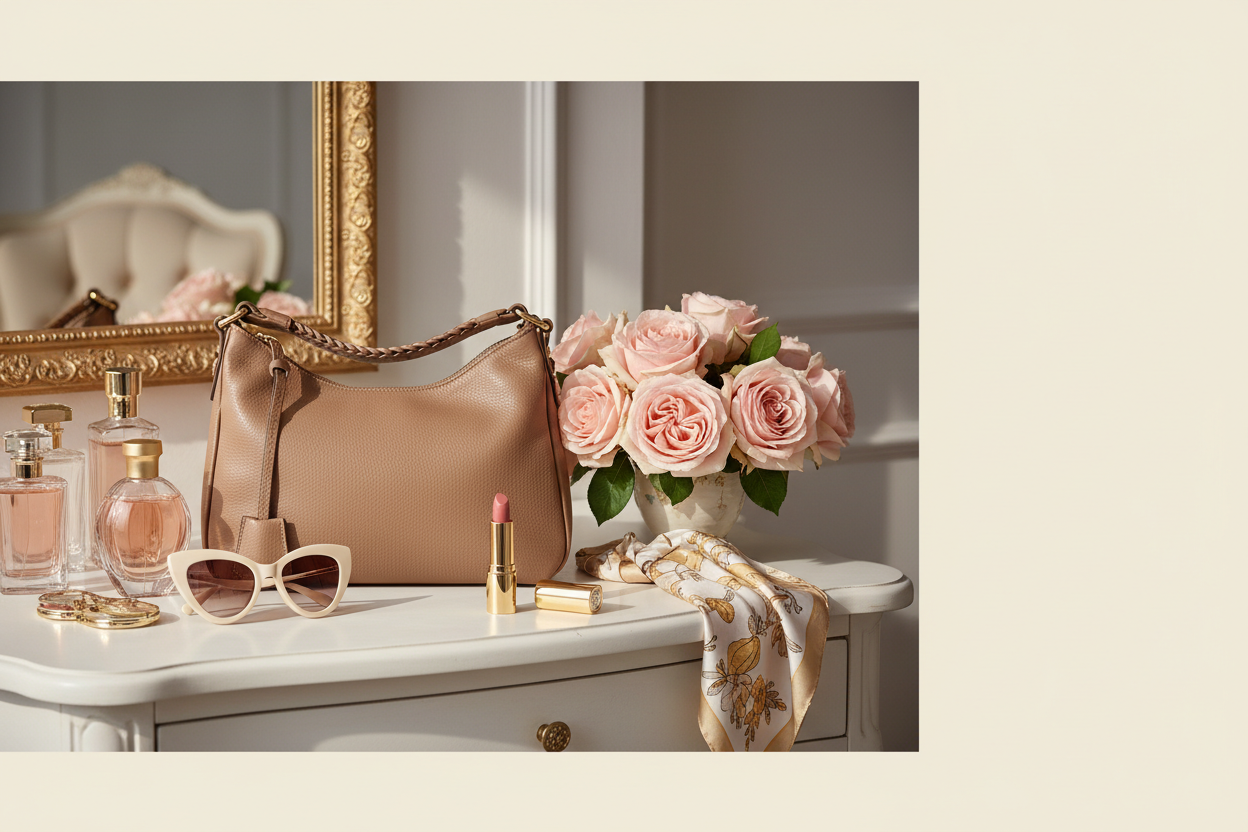 Beige bag vanity styling